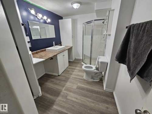 Full bathroom featuring vanity, a stall shower, and dark wood finished floors - 8512 131 Avenue, Edmonton, AB - Indoor Photo Showing Bathroom