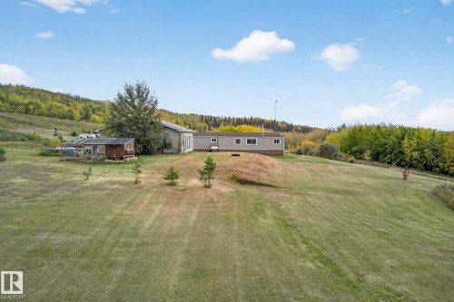 View of green lawn with a rural view and a view of trees - 23509A Twp Road 484, Rural Leduc County, AB - Outdoor With View