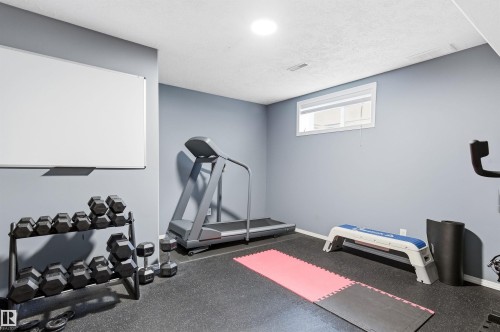 Exercise room with rubber floors and a textured ceiling - 326 O'Connor Close, Edmonton, AB - Indoor Photo Showing Gym Room