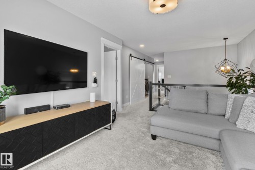 Bonus area featuring light colored carpet, a barn door, and suspended lighting - 324 41 Street, Edmonton, AB - Indoor Photo Showing Living Room