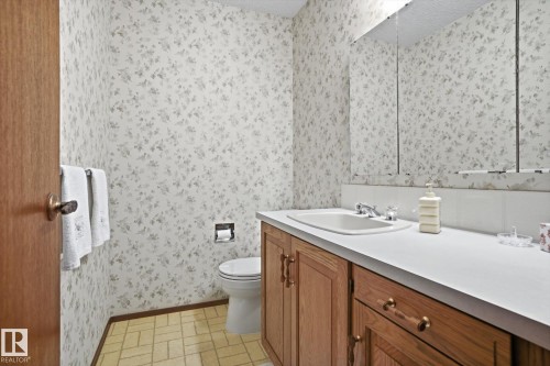 Bathroom featuring wallpapered walls and vanity - 65 Lorne Crescent, St. Albert, AB - Indoor Photo Showing Bathroom