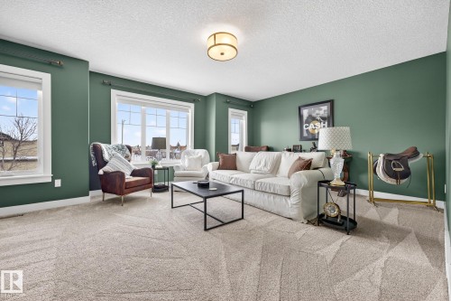 Living room with carpet and a textured ceiling - 21 Dittrich, Fort Saskatchewan, AB - Indoor Photo Showing Living Room