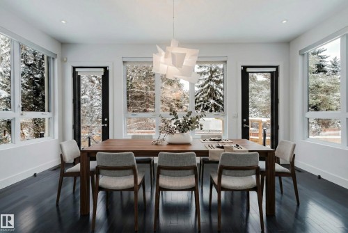 Dining space featuring dark wood-type flooring and recessed lighting - 6307 125 Street, Edmonton, AB - Indoor Photo Showing Dining Room