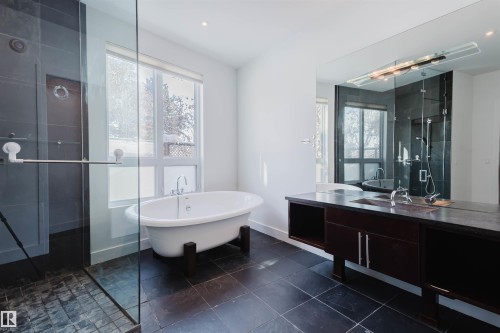 Full bathroom featuring a stall shower, a freestanding bath, vanity, and plenty of natural light - 6307 125 Street, Edmonton, AB - Indoor Photo Showing Bathroom