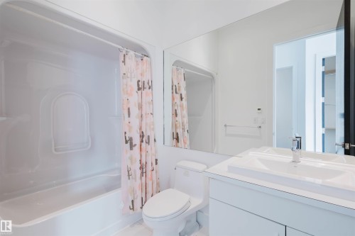 Full bathroom featuring vanity and shower / bath combination with curtain - 6307 125 Street, Edmonton, AB - Indoor Photo Showing Bathroom