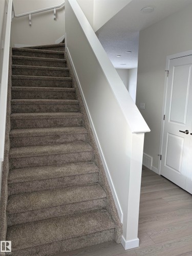 Staircase with baseboards and wood finished floors - 5756 Hawthorn Common, Edmonton, AB - Indoor Photo Showing Other Room