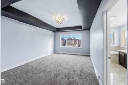 Spare room featuring a raised ceiling, light colored carpet, and a textured ceiling - 