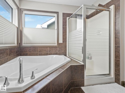 Full bathroom featuring a stall shower, a bath, a skylight, and a textured ceiling - 960 Summerside Link, Edmonton, AB - Indoor Photo Showing Bathroom
