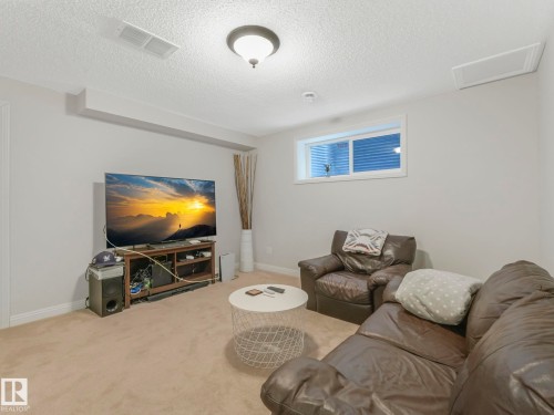 Carpeted living area with a textured ceiling - 960 Summerside Link, Edmonton, AB - Indoor Photo Showing Living Room