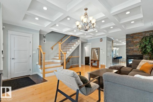 Living Room With Coffered Ceiling And Gas Fireplace. - 10216 89 Street, Edmonton, AB - Indoor With Fireplace