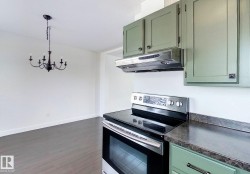Kitchen with green cabinetry, electric range, extractor fan, a chandelier, and dark wood finished floors - 