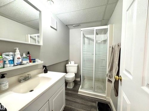 Bathroom with vanity, a shower stall, dark wood-style flooring, and a drop ceiling - 6734 162A Avenue, Edmonton, AB - Indoor Photo Showing Bathroom