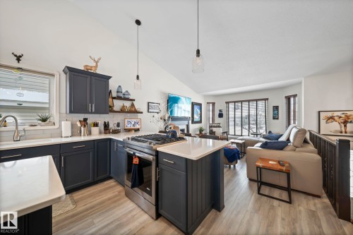 Kitchen featuring stainless steel range with gas stovetop, lofted ceiling, open floor plan, a peninsula, and light wood-type flooring - 103 Adams Close, Red Deer, AB - Indoor Photo Showing Kitchen With Double Sink