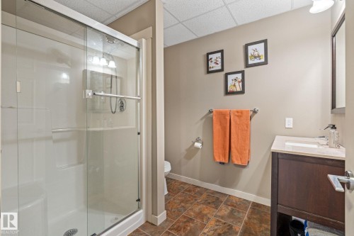 Full bathroom with a paneled ceiling, vanity, a shower stall, and stone finish flooring - 523 55101 Ste. Anne Trail, Rural Lac Ste. Anne County, AB - Indoor Photo Showing Bathroom