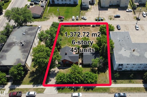 Aerial view of residential area with property boundaries highlighted - 10145 & 10155 155 Street, Edmonton, AB 