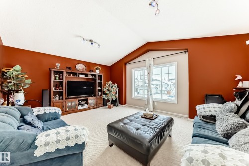 Living room with rail lighting and carpet - 4619 151 Avenue Nw, Edmonton, AB - Indoor Photo Showing Living Room
