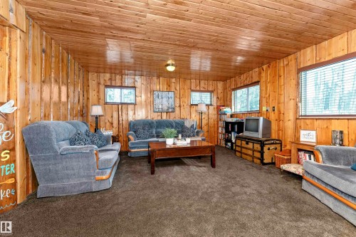 Living room featuring wood walls, carpet flooring, a stone fireplace, and wood ceiling - 516 5 Street, Rural Lac Ste. Anne County, AB - Indoor Photo Showing Living Room With Fireplace