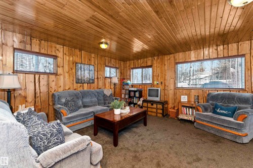 Living area with dark colored carpet, wood walls, and wood ceiling - 516 5 Street, Rural Lac Ste. Anne County, AB - Indoor Photo Showing Living Room