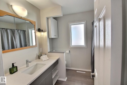 Full bathroom with vanity, vinyl plank  floors, plenty of natural light, and a shower with shower curtain - 11512 67 Street, Edmonton, AB - Indoor Photo Showing Bathroom