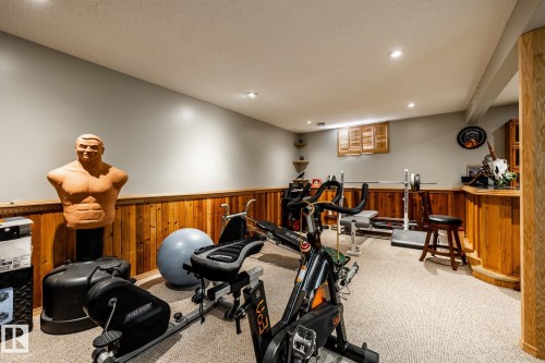 Exercise area with a dry bar, wainscoting, recessed lighting, and carpet floors - 69 Amherst Crescent, St. Albert, AB - Indoor
