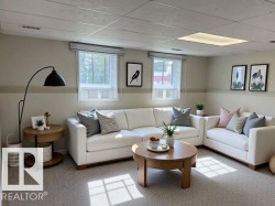 Basement living area with light colored carpet - 
