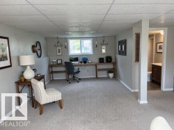 Basement office area featuring light colored carpet and a drop ceiling - 