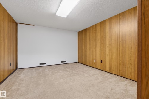 Empty room featuring wood walls, light carpet, and a textured ceiling - 11435 37A Avenue, Edmonton, AB - Indoor Photo Showing Other Room