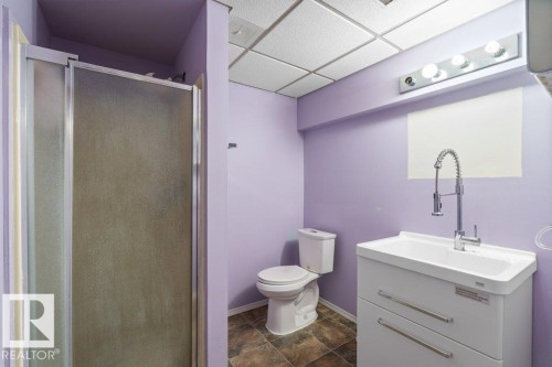 Full bathroom with a shower stall, vanity, and a drop ceiling - 10429 28A Avenue, Edmonton, AB - Indoor Photo Showing Bathroom