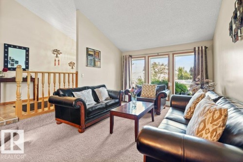 Carpeted living area featuring lofted ceiling and a textured ceiling - 10429 28A Avenue, Edmonton, AB - Indoor Photo Showing Living Room