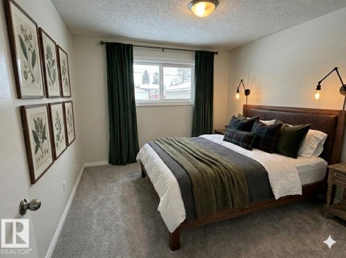 Virtually staged Bedroom with carpet flooring and a textured ceiling - 13323 68 Street, Edmonton, AB - Indoor Photo Showing Bedroom