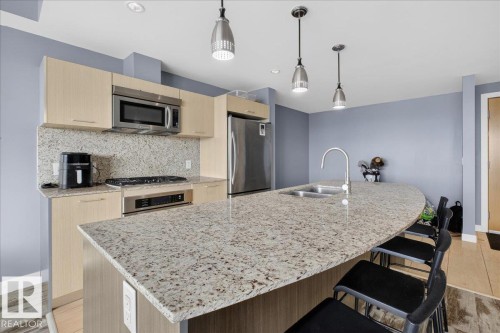 Kitchen with light stone countertops, light wood finish cabinets, stainless steel appliances, and tasteful backsplash - 301 2504 109 Street, Edmonton, AB - Indoor Photo Showing Kitchen With Double Sink With Upgraded Kitchen