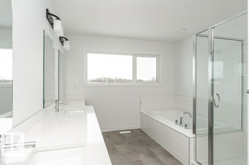 Bathroom featuring double vanity, a garden tub, and a shower stall - 3790 Wren Loop, Edmonton, AB - Indoor Photo Showing Bathroom
