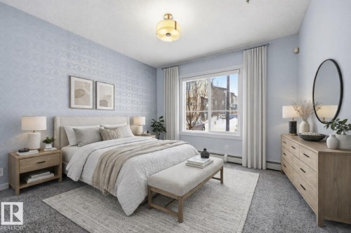 Virtually staged primary bedroom - 106 812 Welsh Drive, Edmonton, AB - Indoor Photo Showing Bedroom