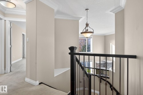 Hallway with ornamental molding, light carpet, an upstairs landing, and a textured ceiling - 613 Stewart Crescent, Edmonton, AB - Indoor Photo Showing Other Room