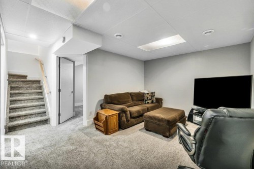 Living area featuring light carpet and a drop ceiling - 6485 King Wynd, Edmonton, AB - Indoor Photo Showing Basement