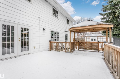 Wooden terrace with a gazebo, french doors, and an outdoor structure - 18507 92 Avenue, Edmonton, AB - Outdoor With Deck Patio Veranda With Exterior