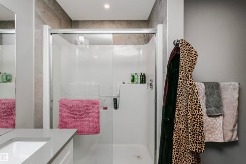 Bathroom featuring vanity, a shower stall, and recessed lighting - 7322 Chivers Crescent, Edmonton, AB - Indoor Photo Showing Bathroom