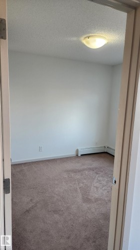 Spare room with a textured ceiling, carpet flooring, and a baseboard heating unit - 413 5521 7 Avenue, Edmonton, AB - Indoor Photo Showing Other Room