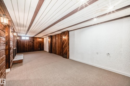Below grade area featuring light colored carpet, wooden walls, and wood ceiling - 13904 135 Avenue, Edmonton, AB - Indoor Photo Showing Other Room