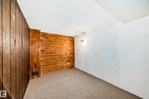 Carpeted spare room featuring wood walls, a textured wall, and a textured ceiling - 13904 135 Avenue, Edmonton, AB - Indoor Photo Showing Other Room