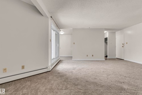 Spare room with a baseboard radiator, light colored carpet, and a textured ceiling - 25 11255 31 Avenue, Edmonton, AB - Indoor Photo Showing Other Room