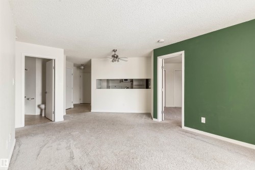 Unfurnished living room with light carpet, a ceiling fan, and a textured ceiling - 312 11620 9A Avenue, Edmonton, AB - Indoor Photo Showing Other Room