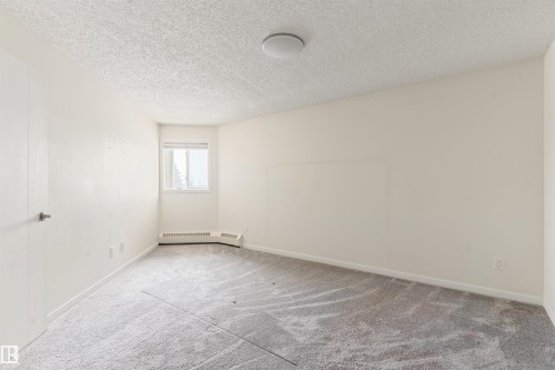 Empty room featuring a textured ceiling, light carpet, and a baseboard heating unit - 312 11620 9A Avenue, Edmonton, AB - Indoor Photo Showing Other Room