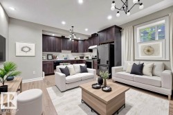 Living area with a chandelier and light wood-style flooring - 