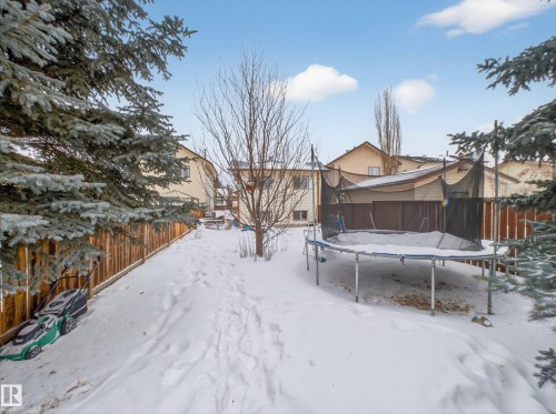 Yard layered in snow featuring a trampoline, a fenced backyard, and a residential view - 4603 32 Avenue, Edmonton, AB - Outdoor