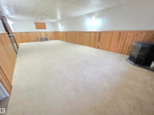 Finished below grade area with wood walls, carpet, a wood stove, and a wainscoted wall - 6731 162 Ave, Edmonton, AB - Indoor