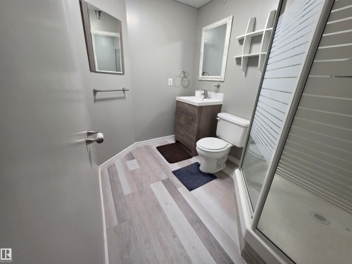 Full bathroom with vanity, light wood-style flooring, and a stall shower - 6731 162 Ave, Edmonton, AB - Indoor Photo Showing Bathroom