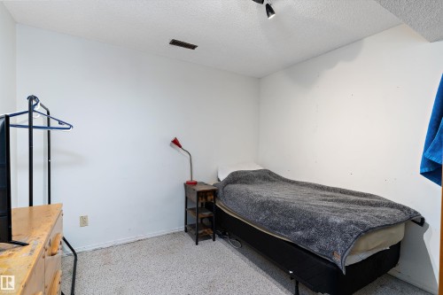 Bedroom with light colored carpet and a textured ceiling - 115 Walker Road, Edmonton, AB - Indoor Photo Showing Bedroom