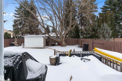 Yard layered in snow with a fenced backyard and a storage unit - 115 Walker Road, Edmonton, AB - Outdoor