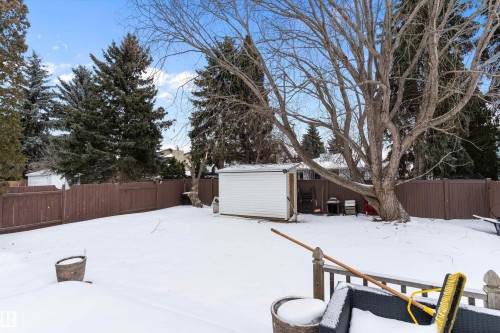 Snowy yard featuring a fenced backyard and a storage shed - 115 Walker Road, Edmonton, AB - Outdoor